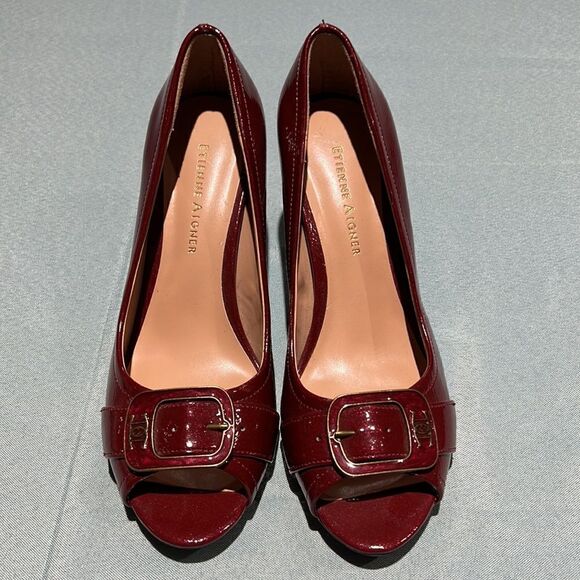 ETIENNE AIGNER Dune Red Patent Vegan Open-Toe Heels Shoes Size 6.5M Buckles B42 - Picture 3 of 10